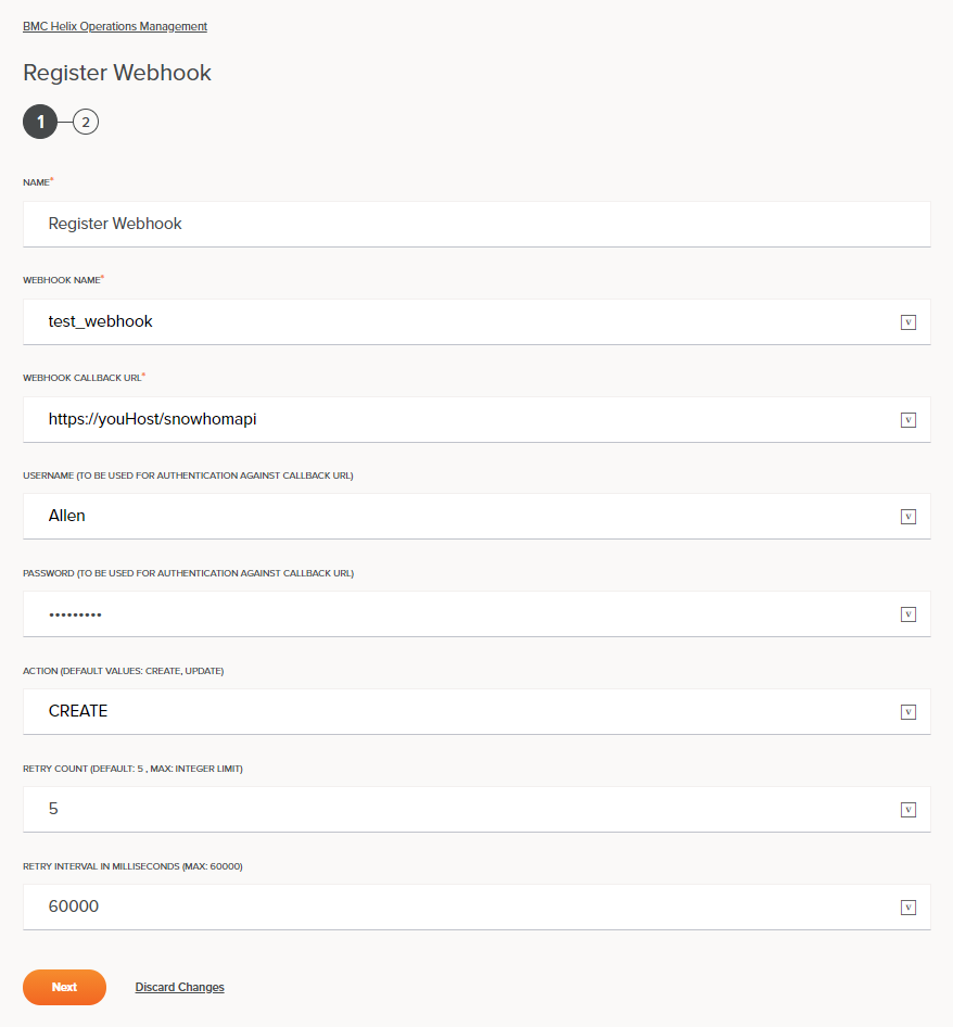 Paso 1 de configuración de actividad de webhook de registro de BMC Helix Operations Management