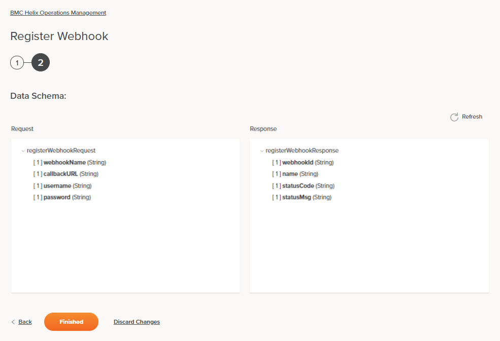 BMC Helix Operations Management Register Webhook activity configuration step 8