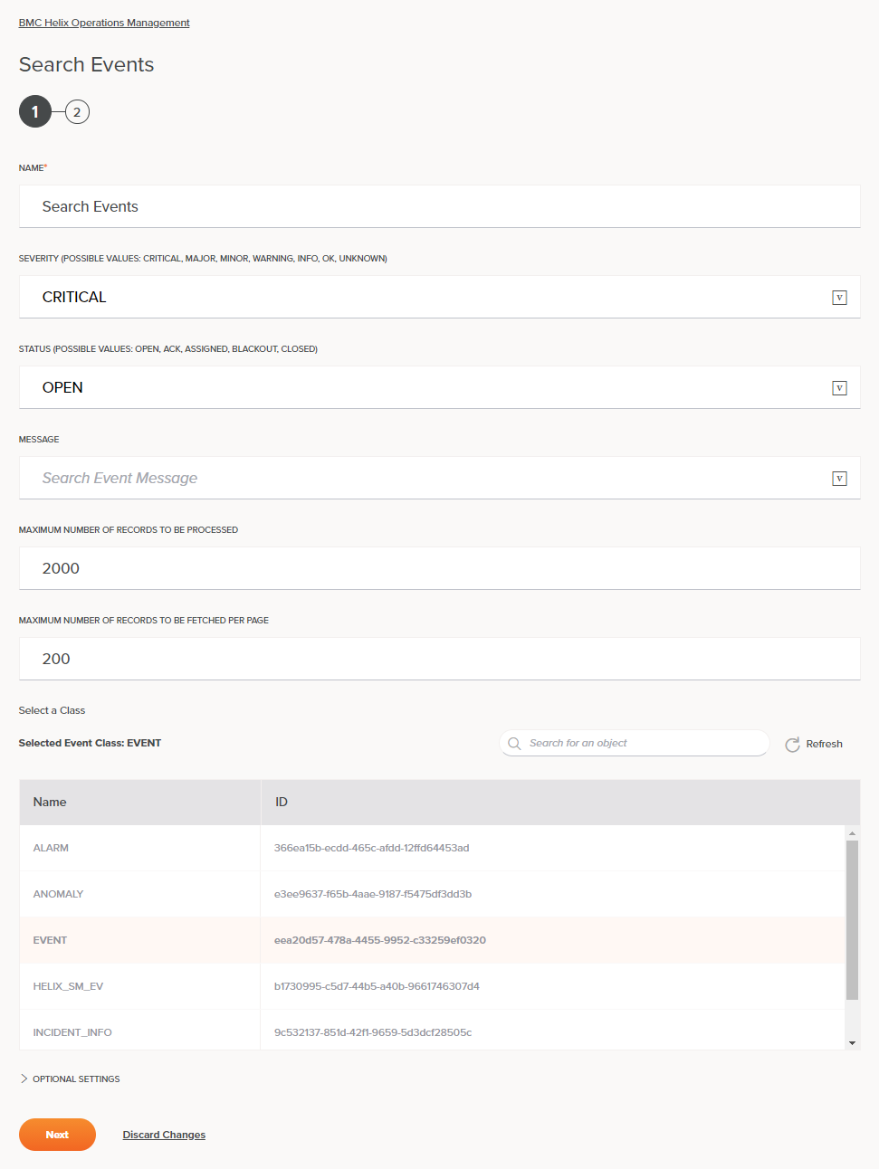 BMC Helix Operations Management Search Events activity configuration step 1