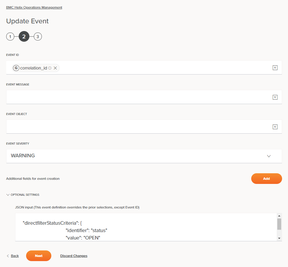 BMC Helix Operations Management Update Event activity configuration step 2