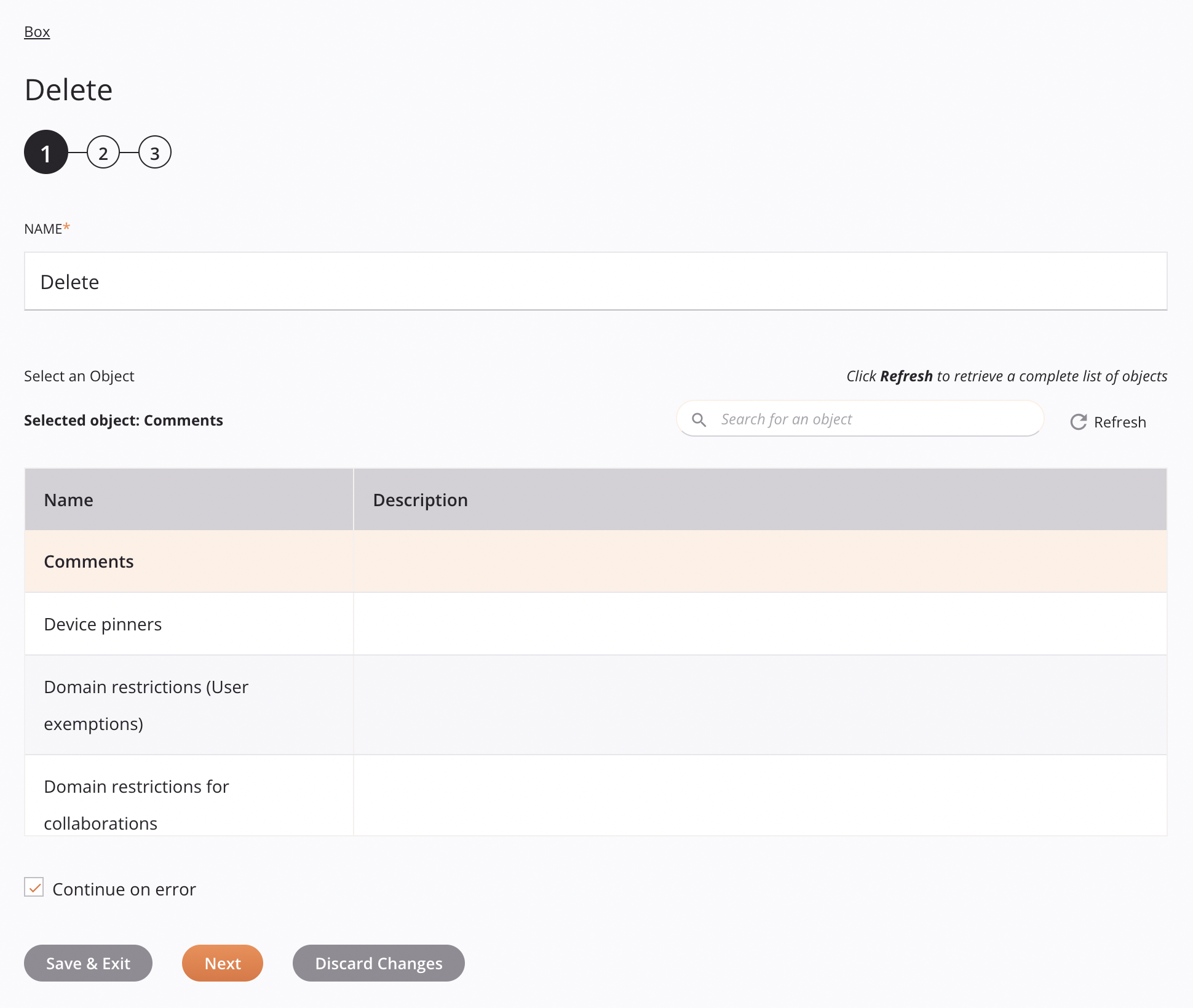 Box delete activity configuration step 1