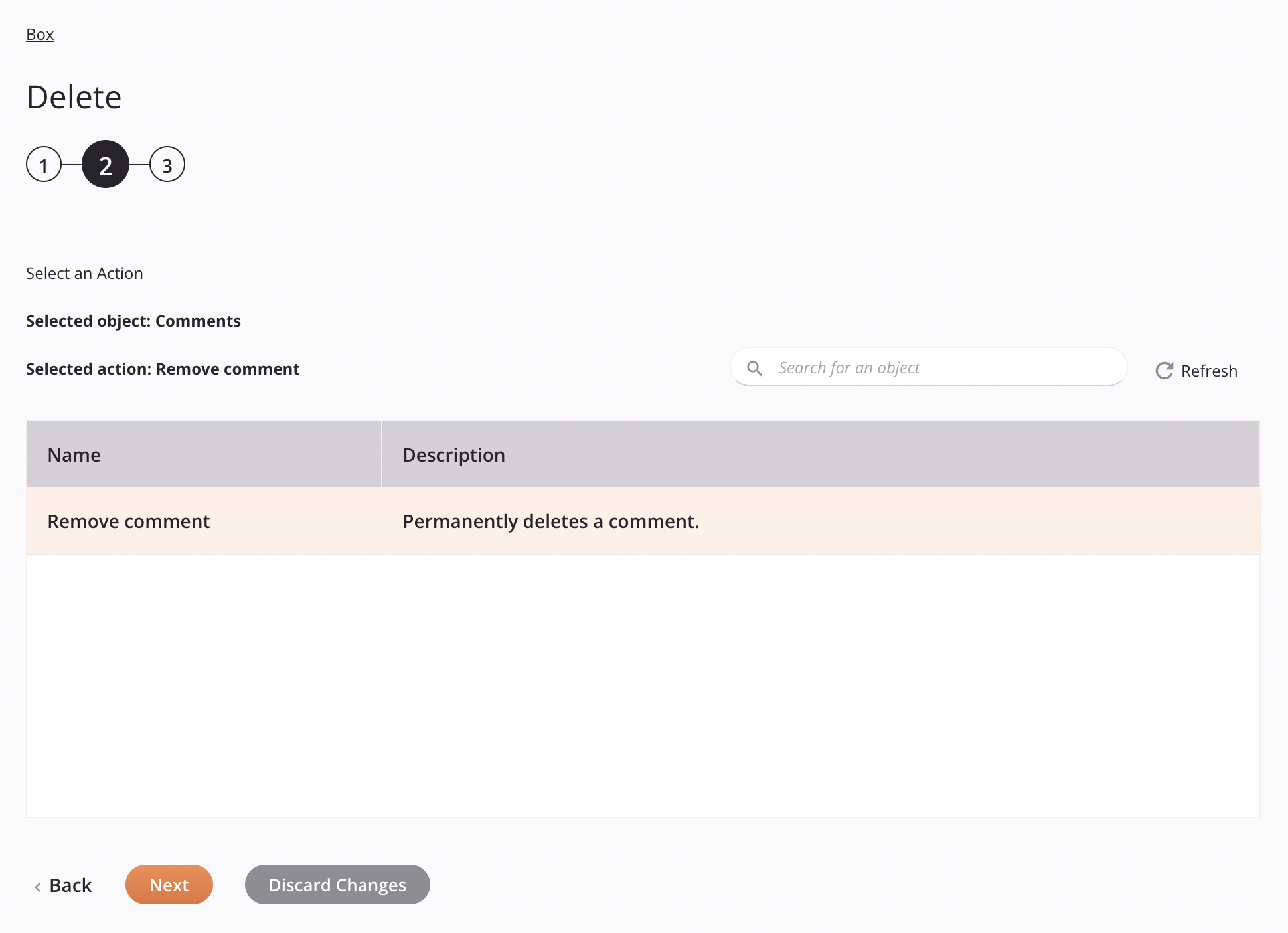 Configuración de actividad de eliminación de Box, paso 2