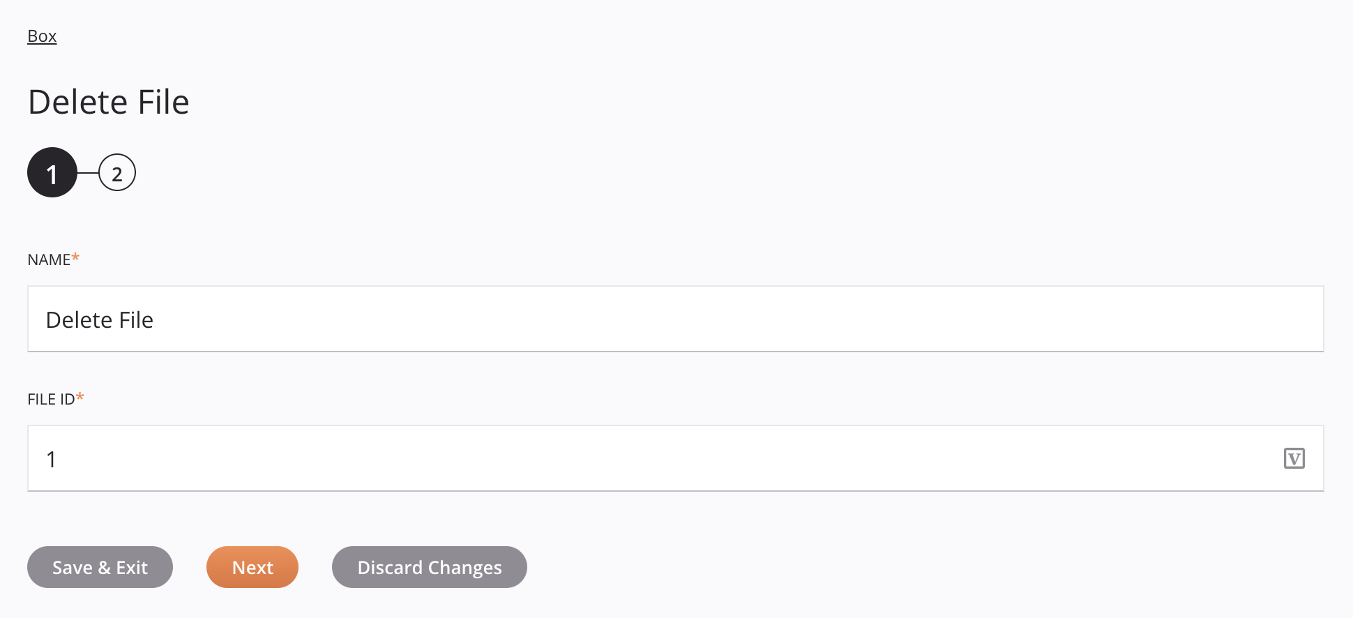 Box delete file activity configuration step 1