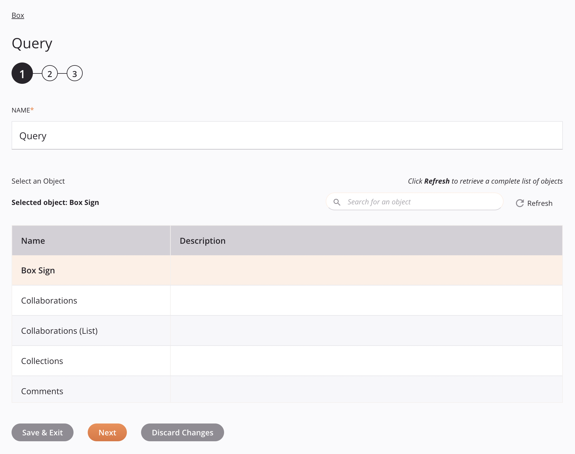 Paso 1 de configuración de la actividad de consulta de Box