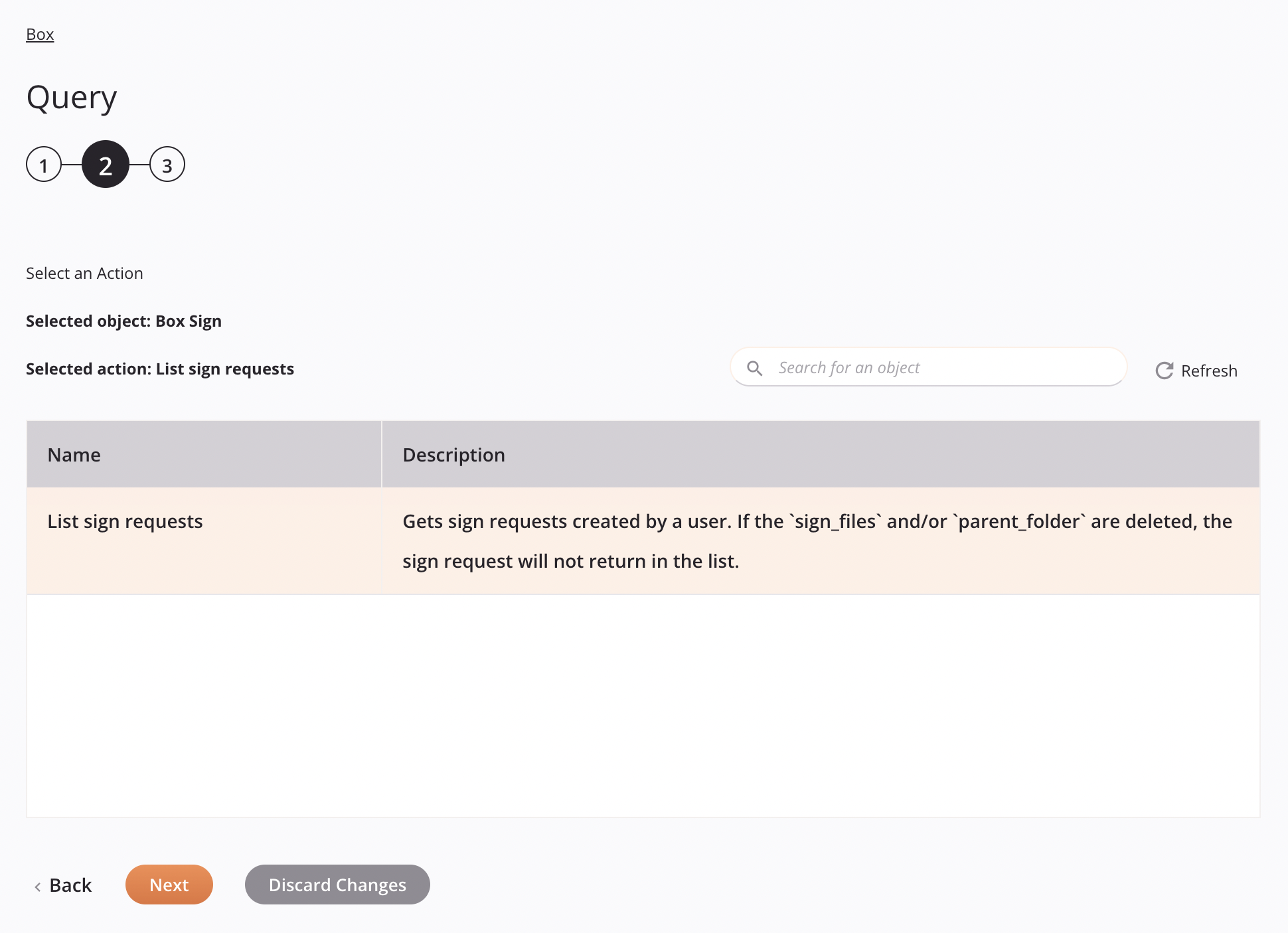 Etapa 2 da configuração da atividade de consulta de Box