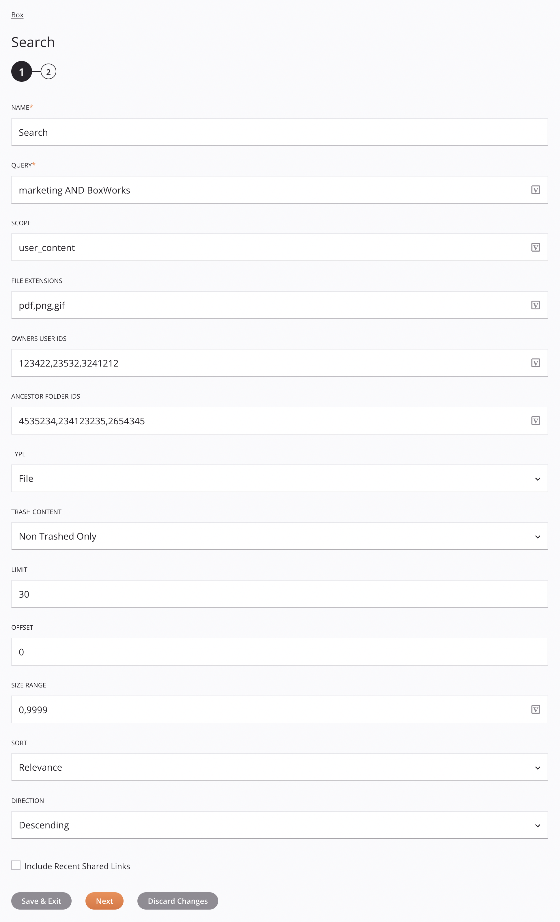 Configuración de la actividad de búsqueda de Box Paso 1