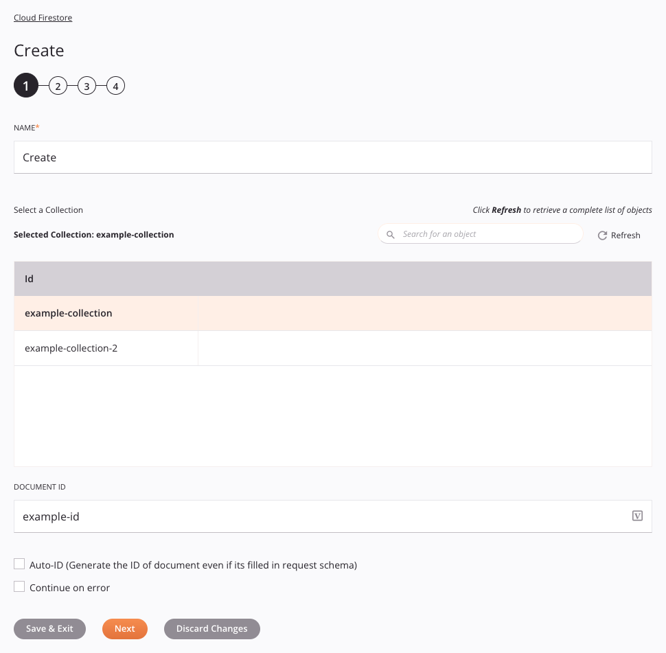 Cloud Firestore Create activity configuration step 1