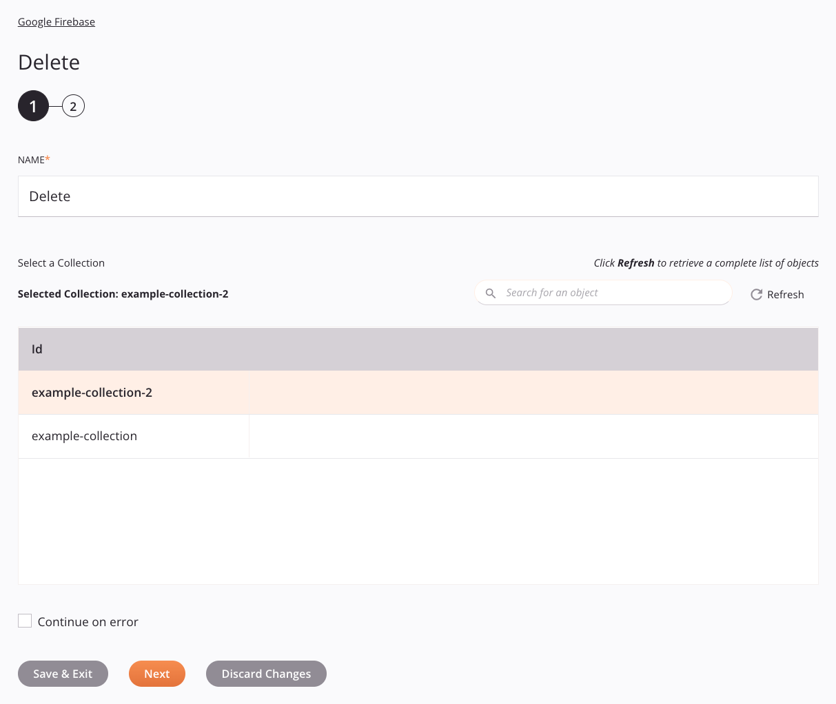 Paso 1 de la configuración de la actividad de eliminación de Cloud Firestore