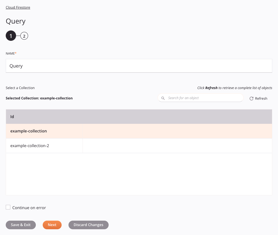 Etapa 1 da configuração da atividade de consulta do Cloud Firestore