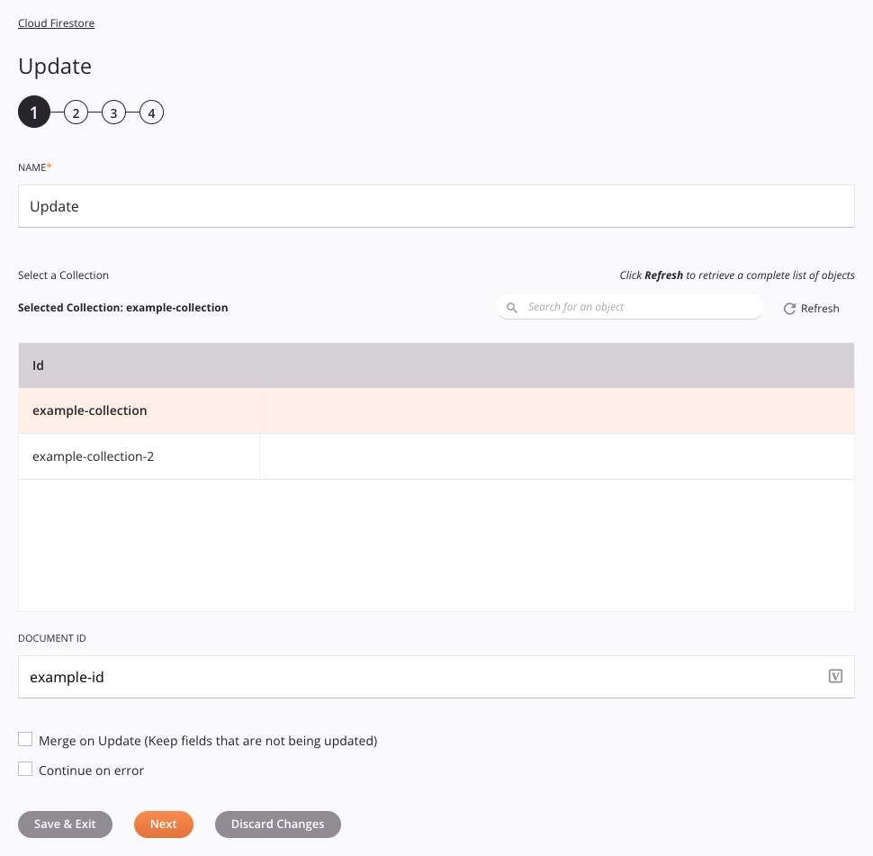 Cloud Firestore Update activity configuration step 1