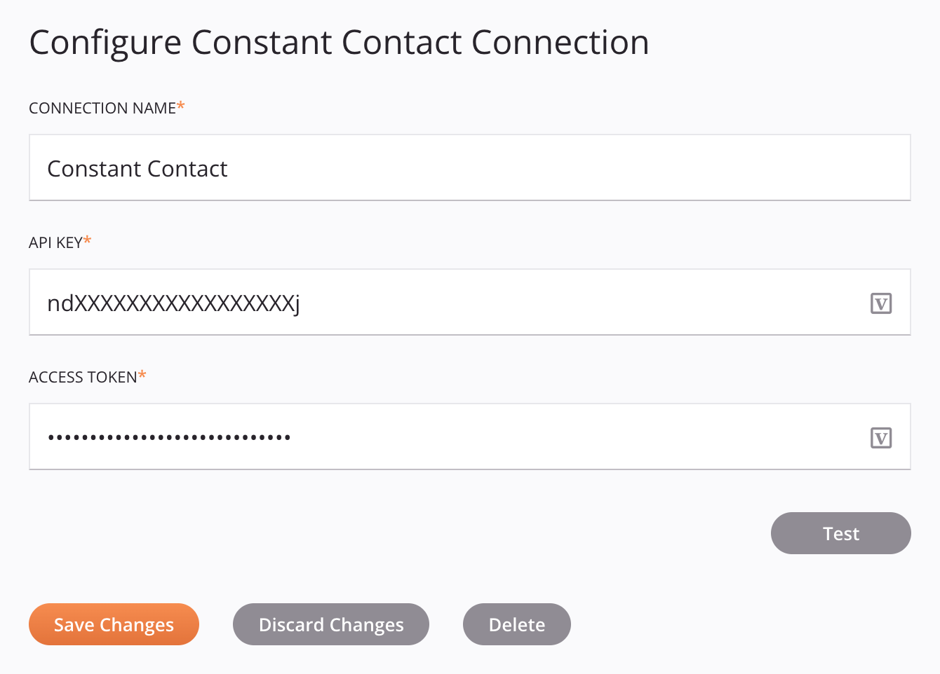 Configuração de conexão Constant Contact