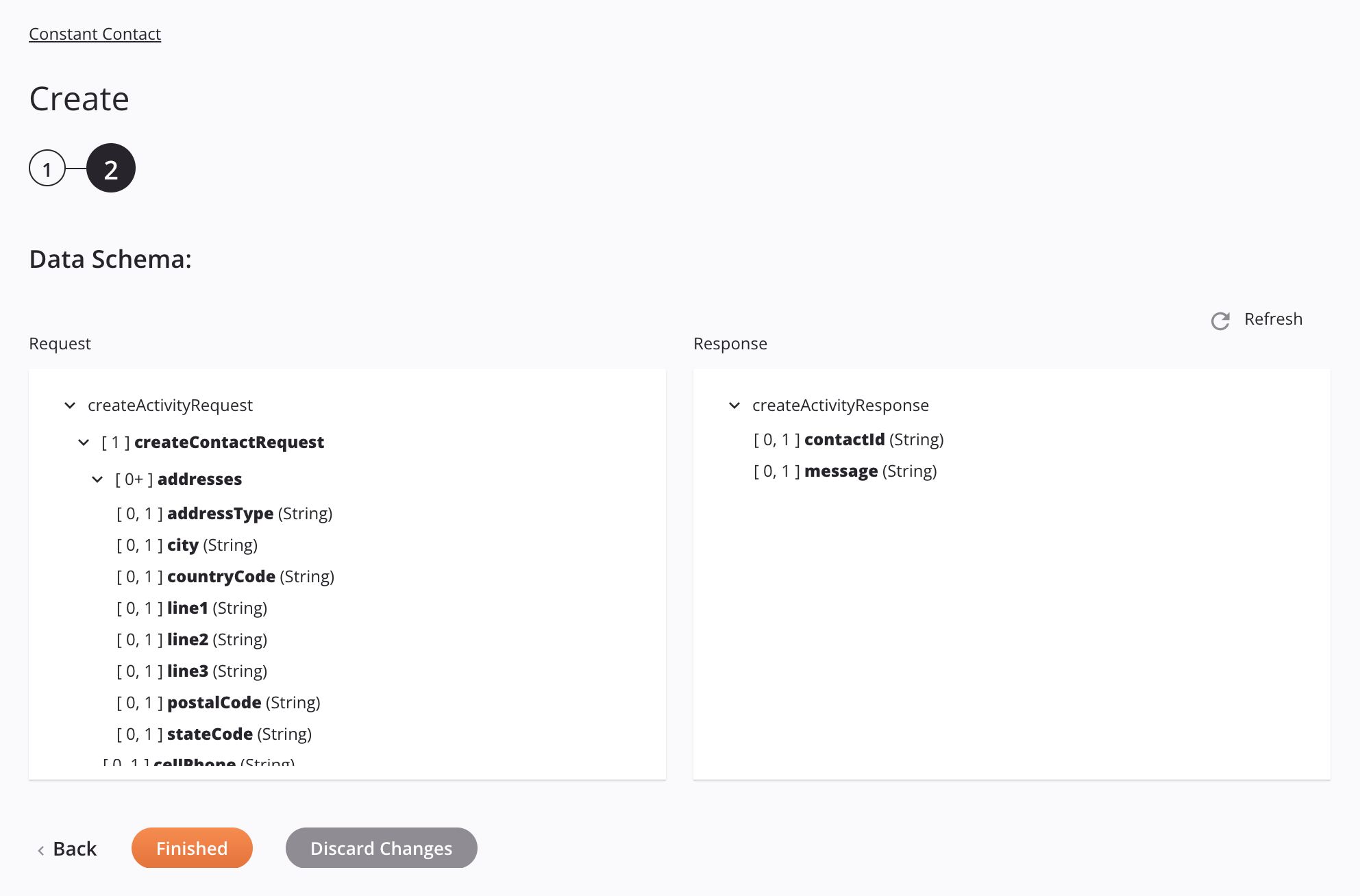 Constant Contact Create activity configuration step 2