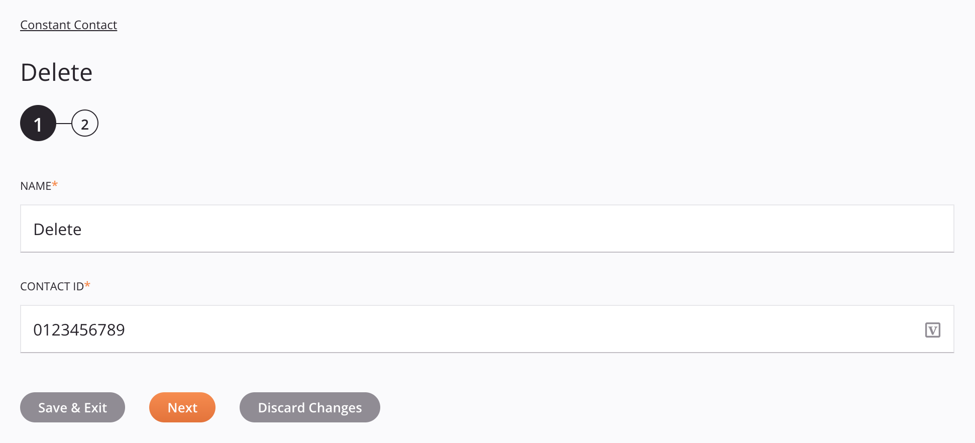 Constant Contact Delete activity configuration step 1