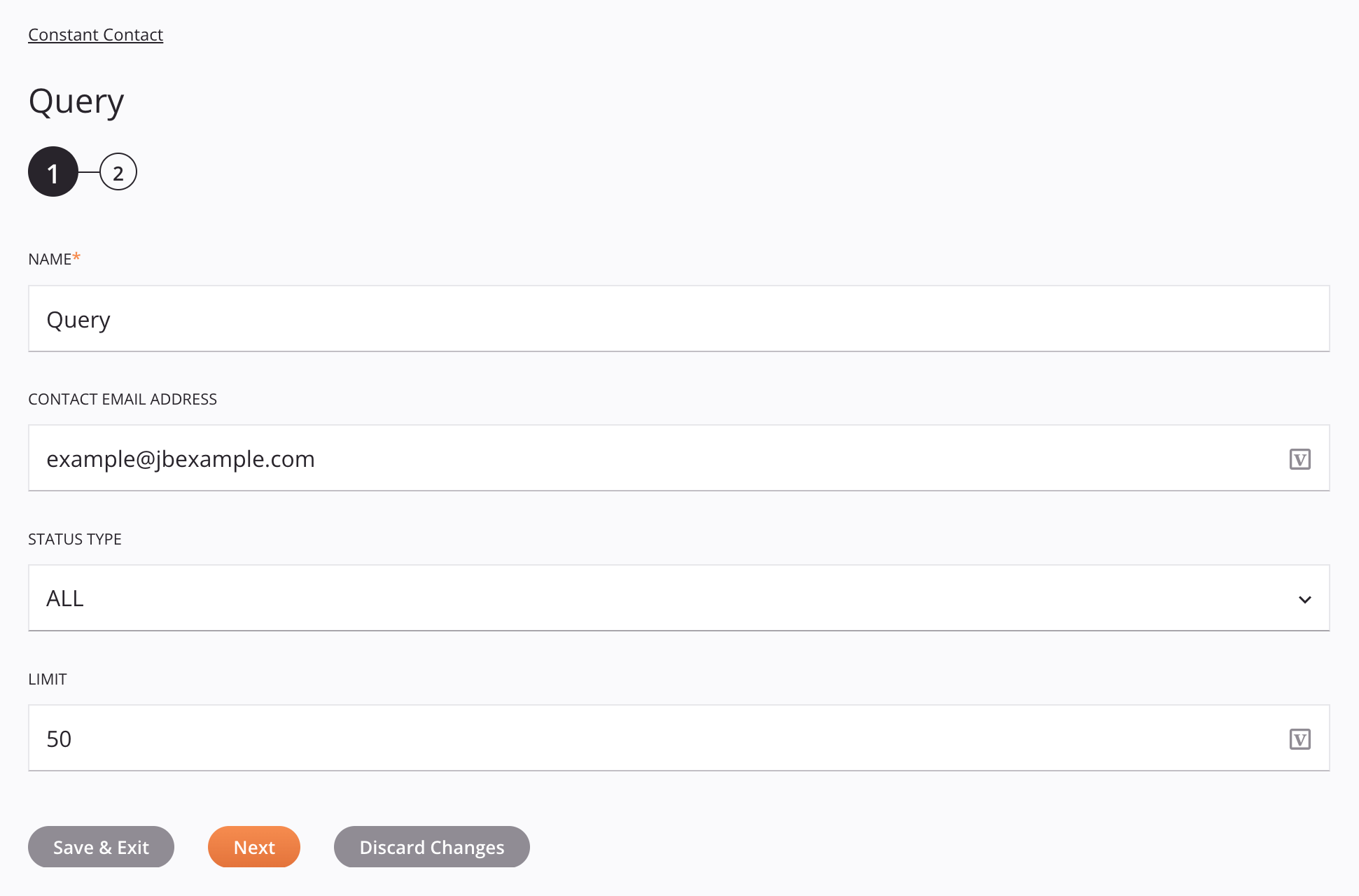 Paso 1 de configuración de la actividad de consulta de Constant Contact