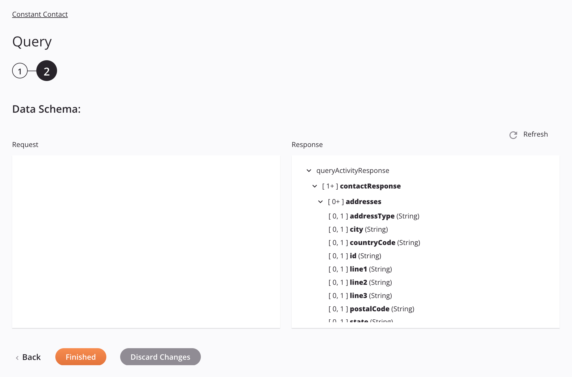 Paso 2 de configuración de la actividad de consulta de Constant Contact