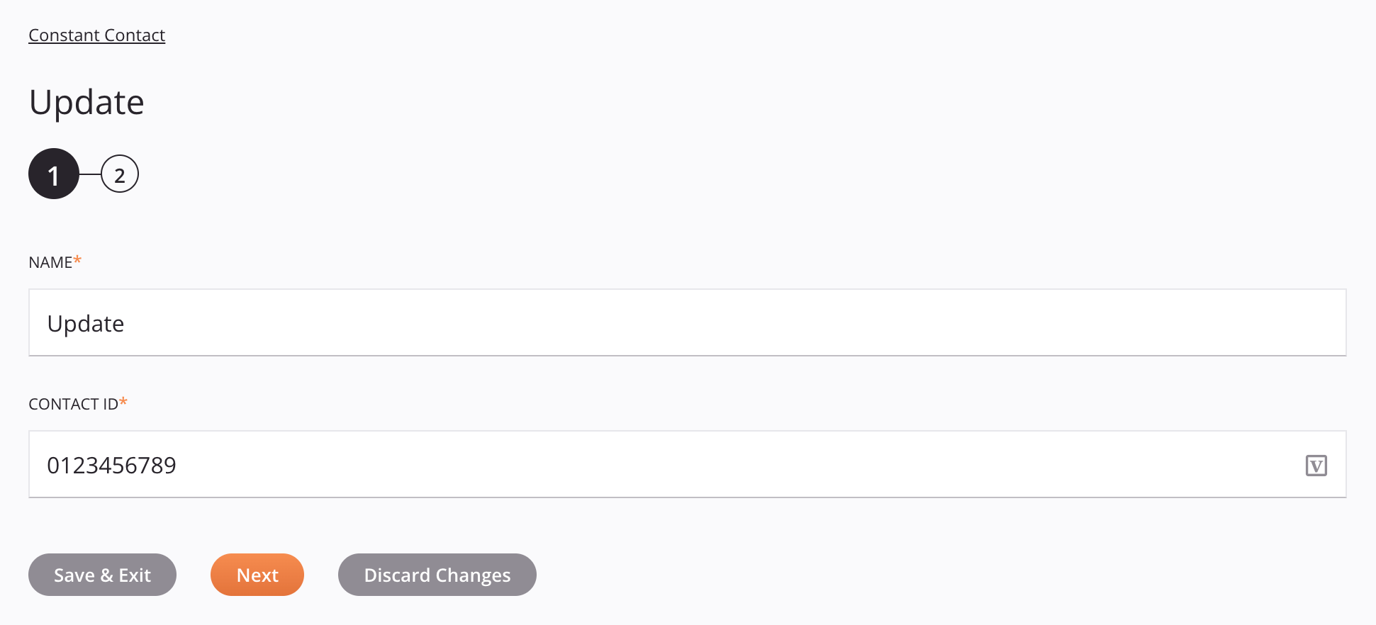 Paso 1 de configuración de la actividad de actualización de Constant Contact