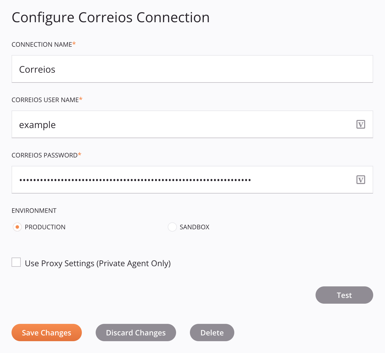 Configuração de conexão dos Correios