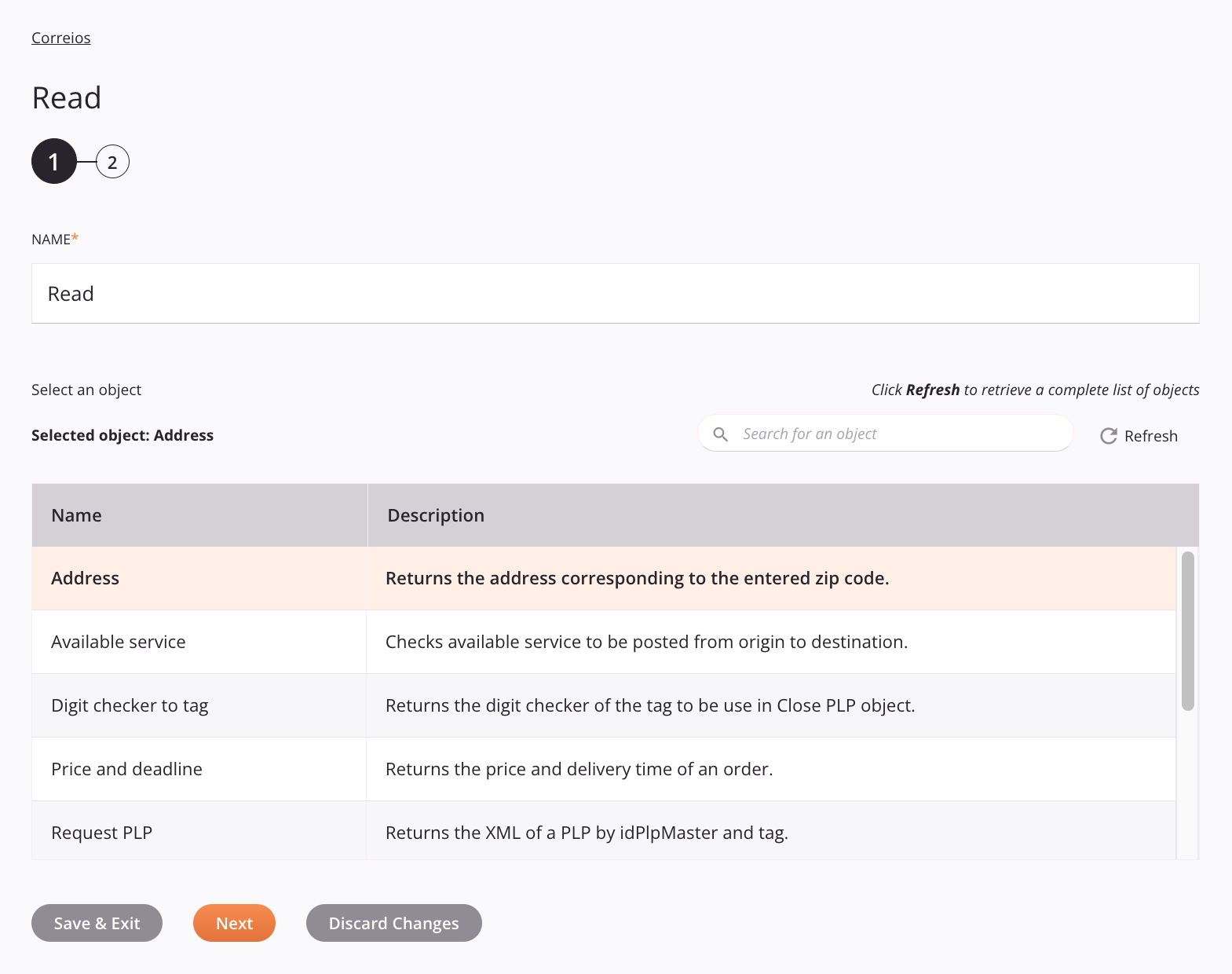 Correios Read activity configuration step 1