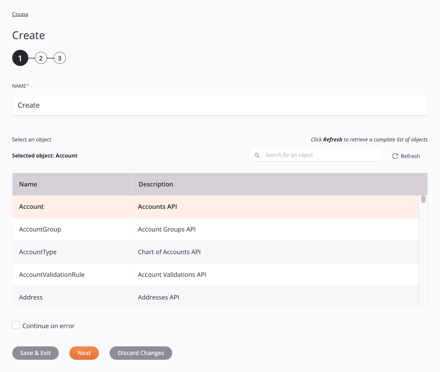 Coupa Create activity configuration step 1