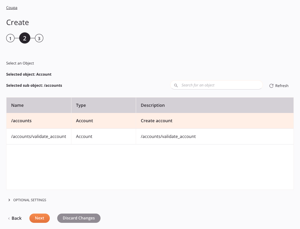 Coupa Create activity configuration step 2