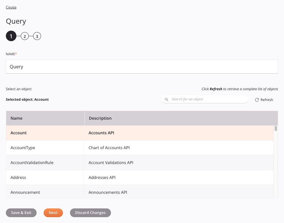 Paso 1 de configuración de la actividad de consulta de Coupa