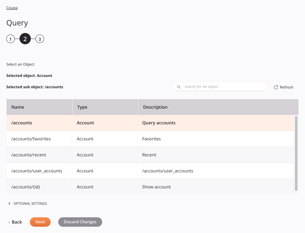 Coupa Query activity configuration step 2