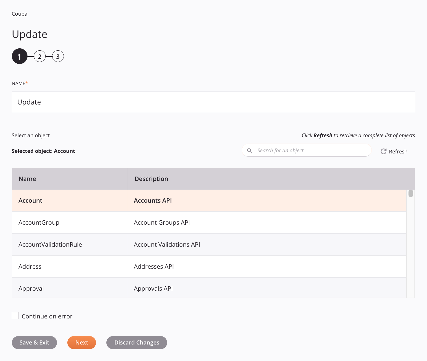 Etapa 1 da configuração da atividade de atualização do Coupa