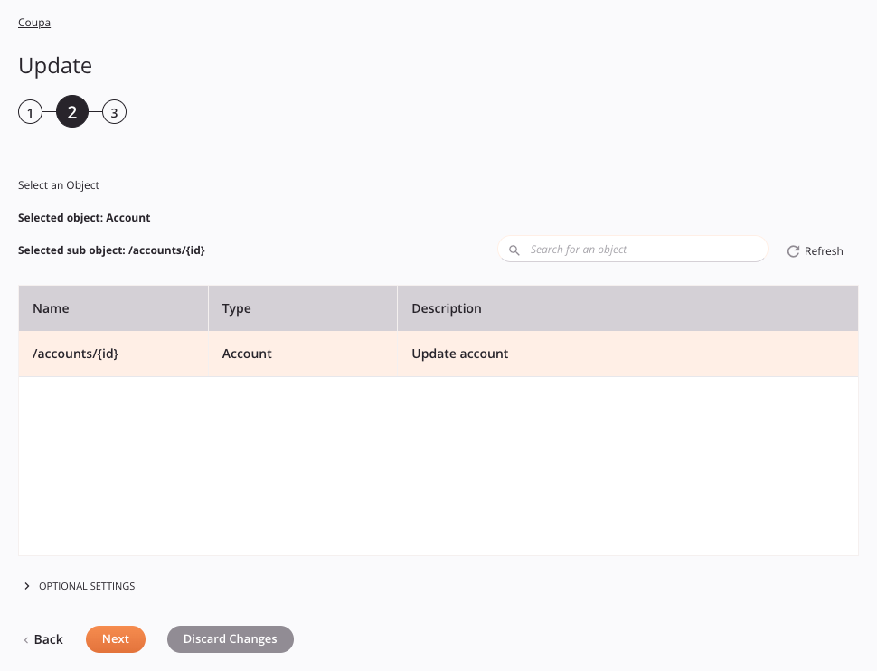 Paso 2 de la configuración de la actividad de actualización de Coupa