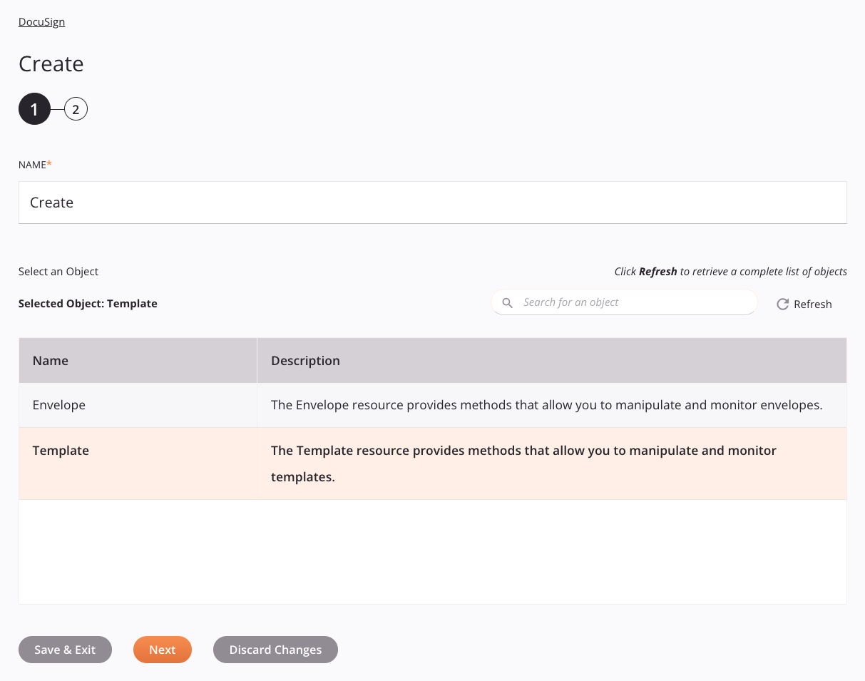 Paso 1 de configuración de actividad de creación de DocuSign