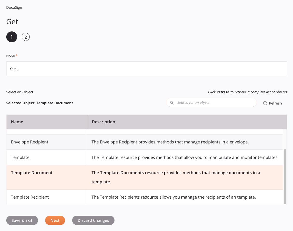 Etapa 1 da configuração da atividade de obtenção do DocuSign