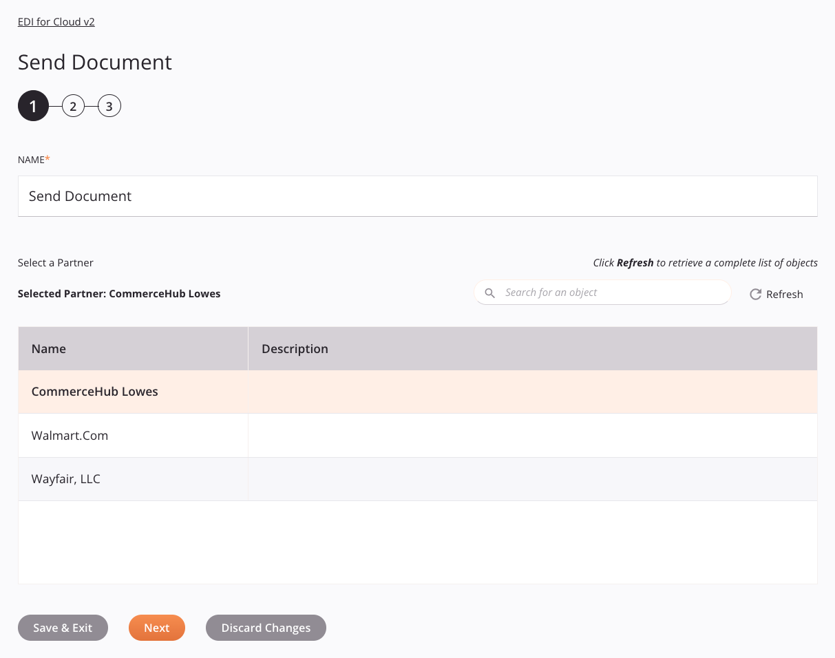 EDI for Cloud v2 Configuração da atividade de envio de documentos, etapa 1