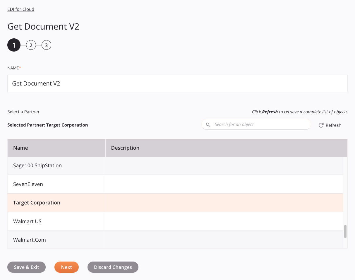 EDI for Cloud Get Document V2 activity configuration step 1