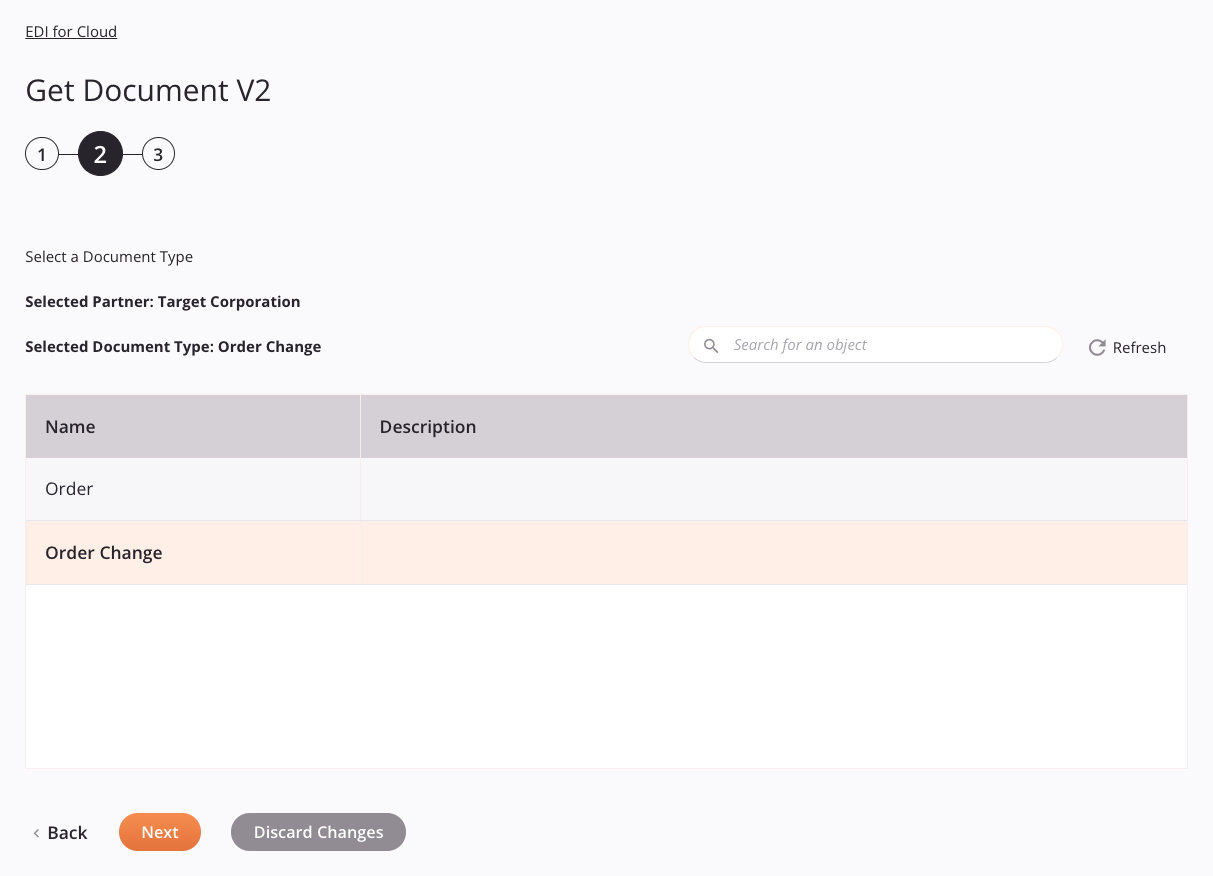 EDI for Cloud Obtener documento V2 Configuración de actividad Paso 2