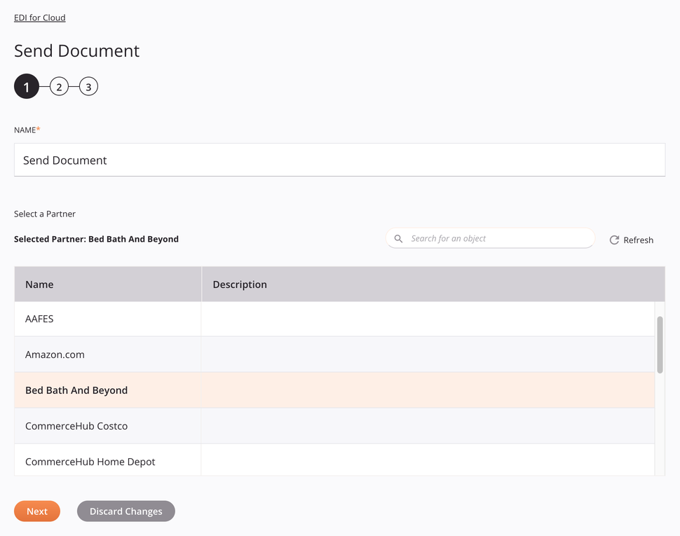 EDI for Cloud Send Document activity configuration step 1