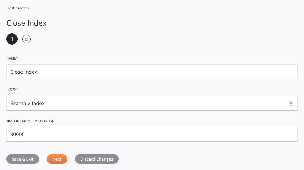 Elasticsearch Close Index activity configuration step 1