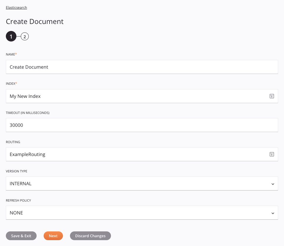 Etapa 1 da configuração da atividade de criação do documento do Elasticsearch