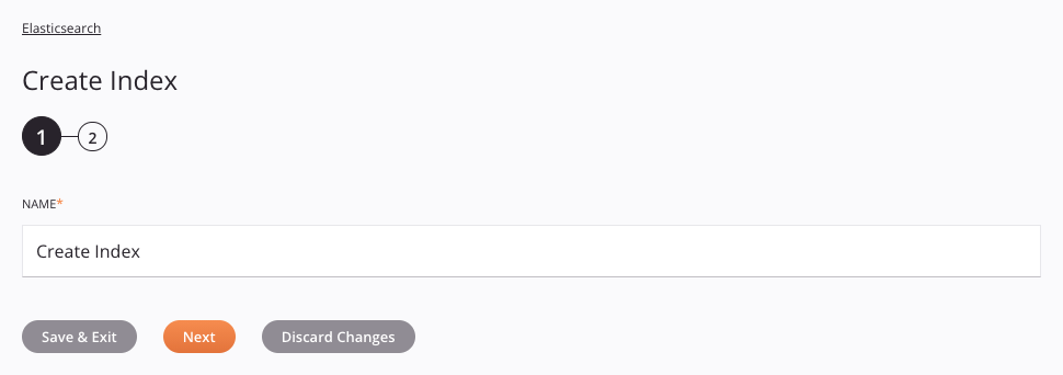 Elasticsearch Create Index activity configuration step 1