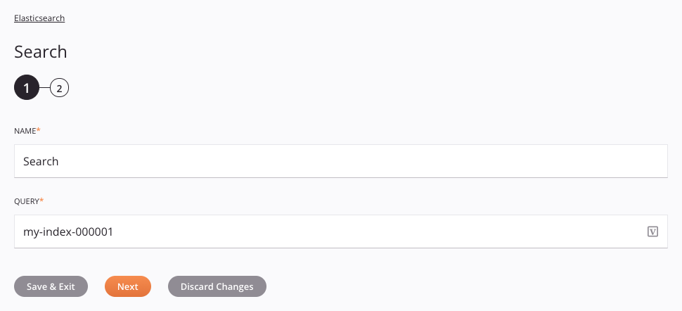 Paso 1 de configuración de la actividad de búsqueda de Elasticsearch