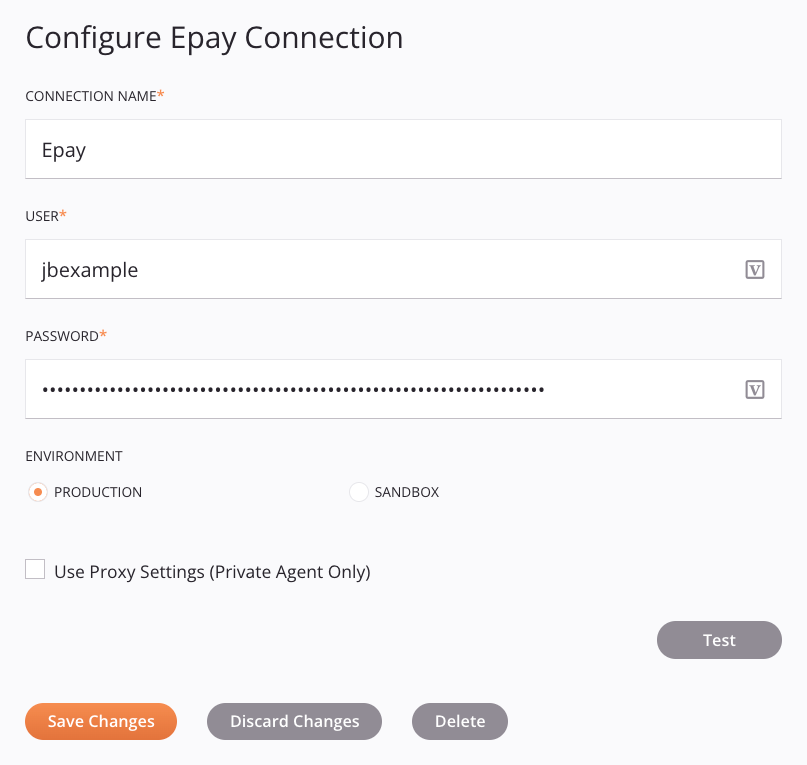 Configuración de conexión de Epay