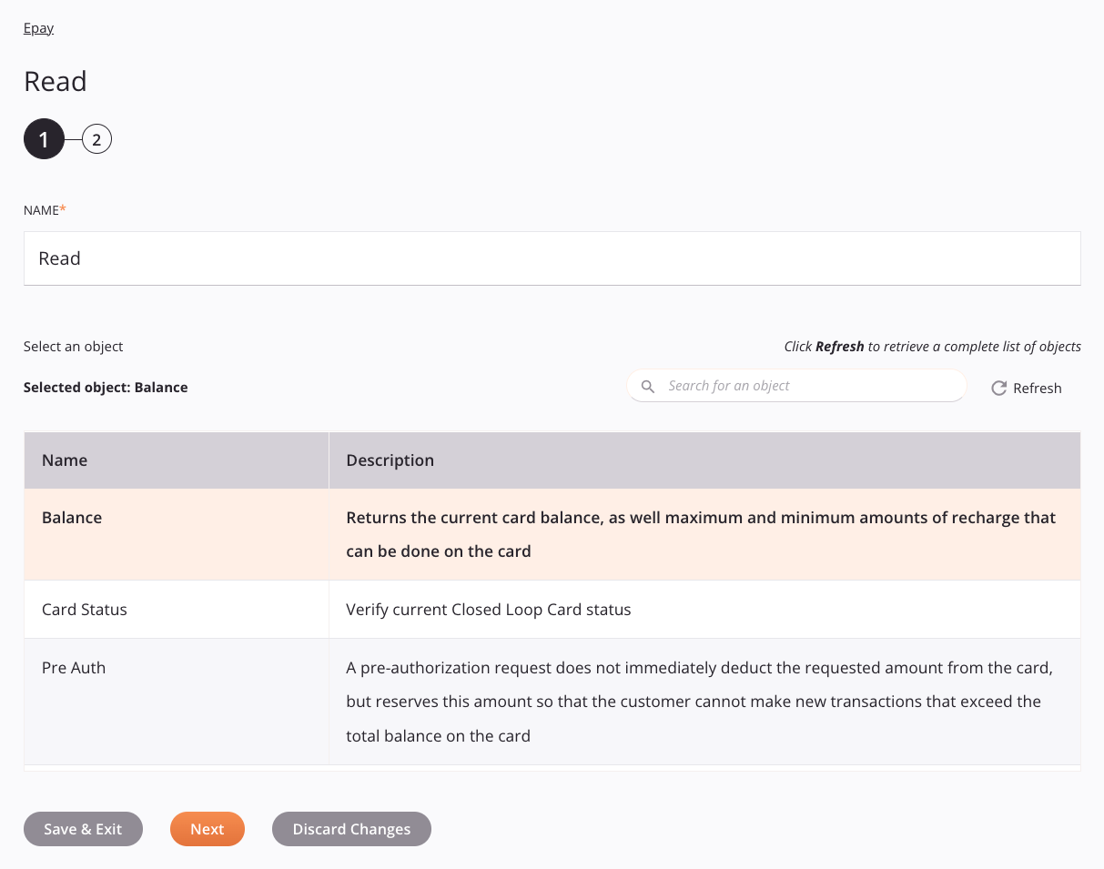 Epay Read activity configuration step 1