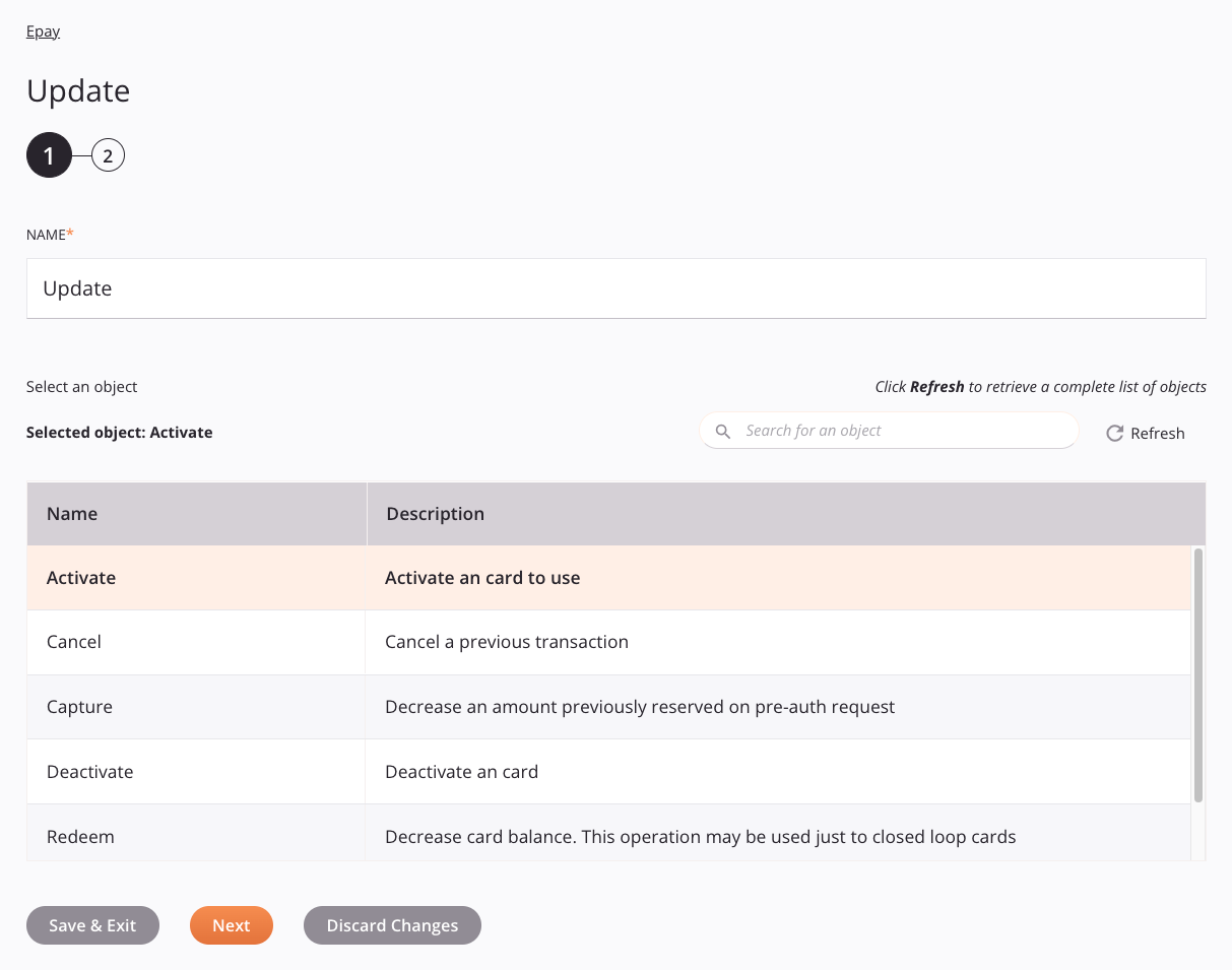 Etapa 1 da configuração da atividade de atualização do Epay