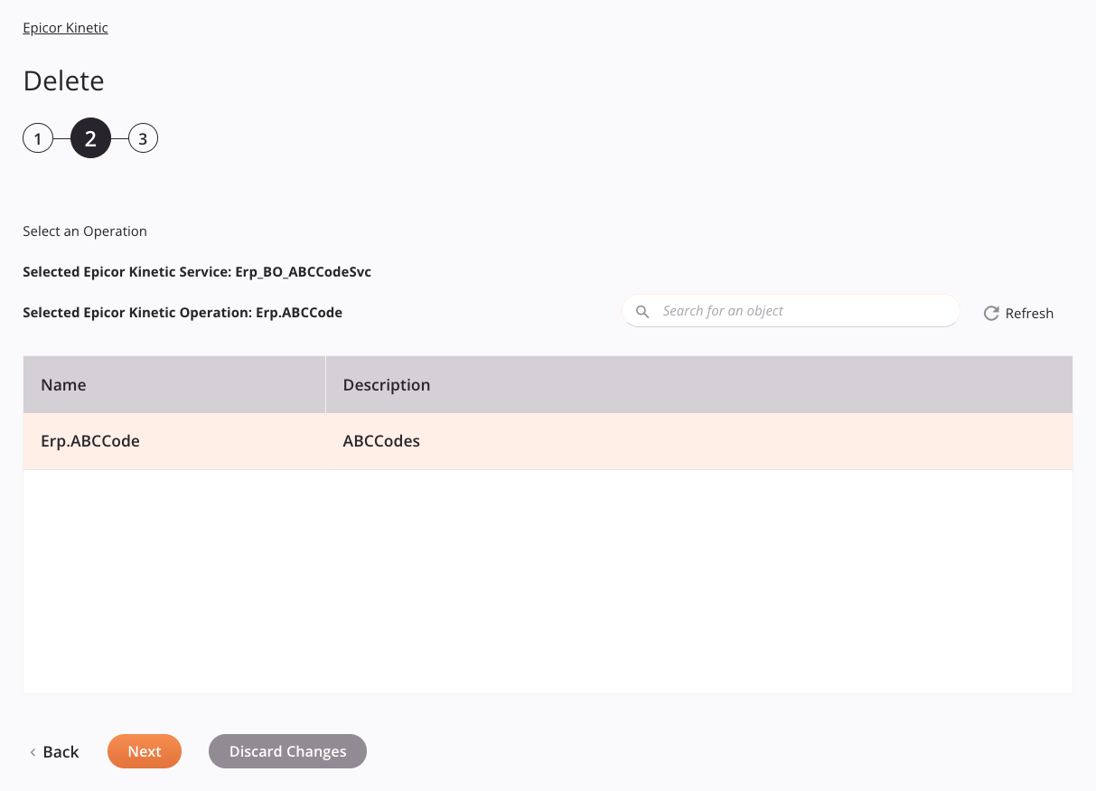 Paso 2 de la configuración de la actividad de eliminación de Epicor Kinetic