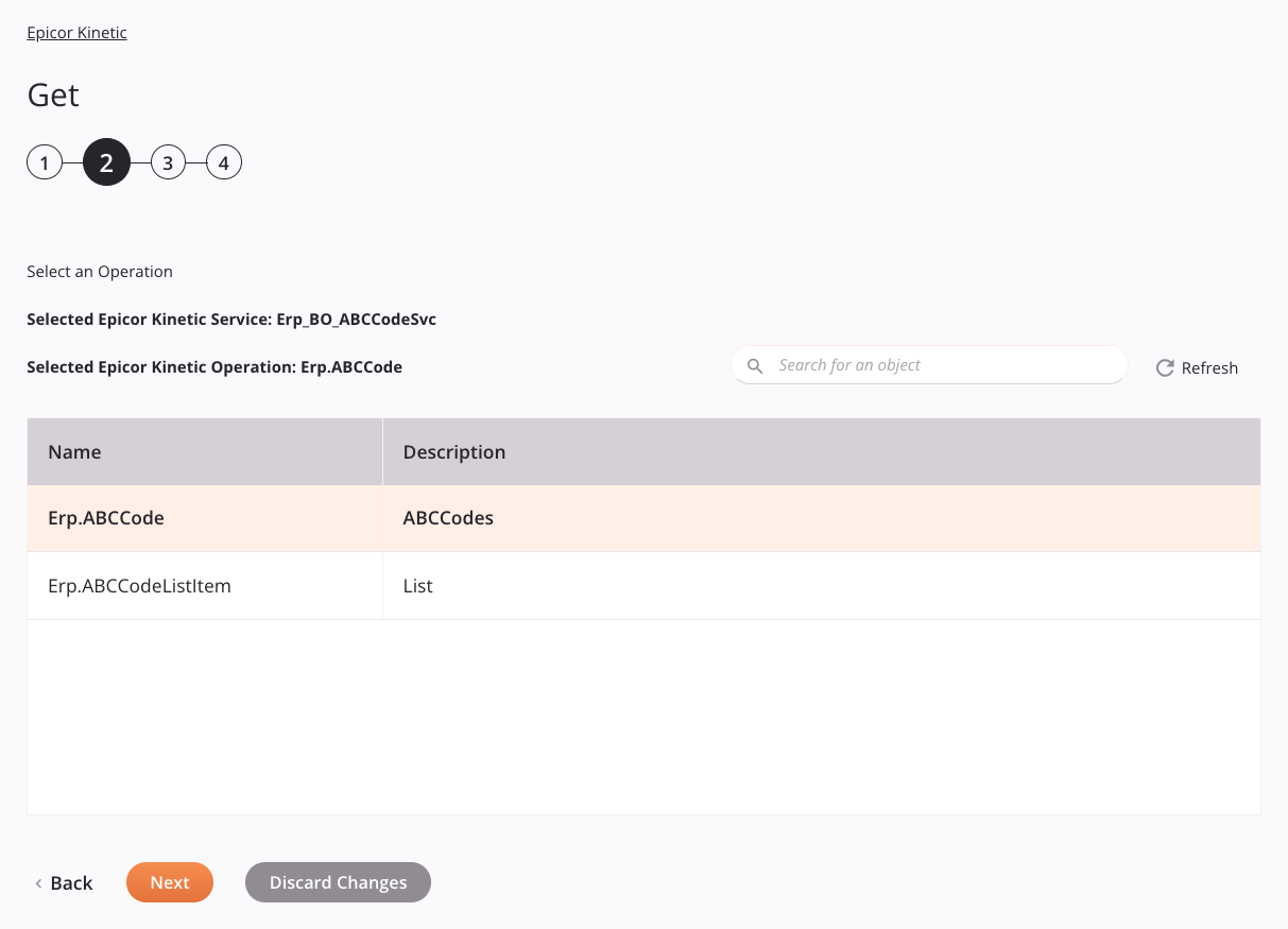 Paso 2 de configuración de la actividad de obtención de Epicor Kinetic