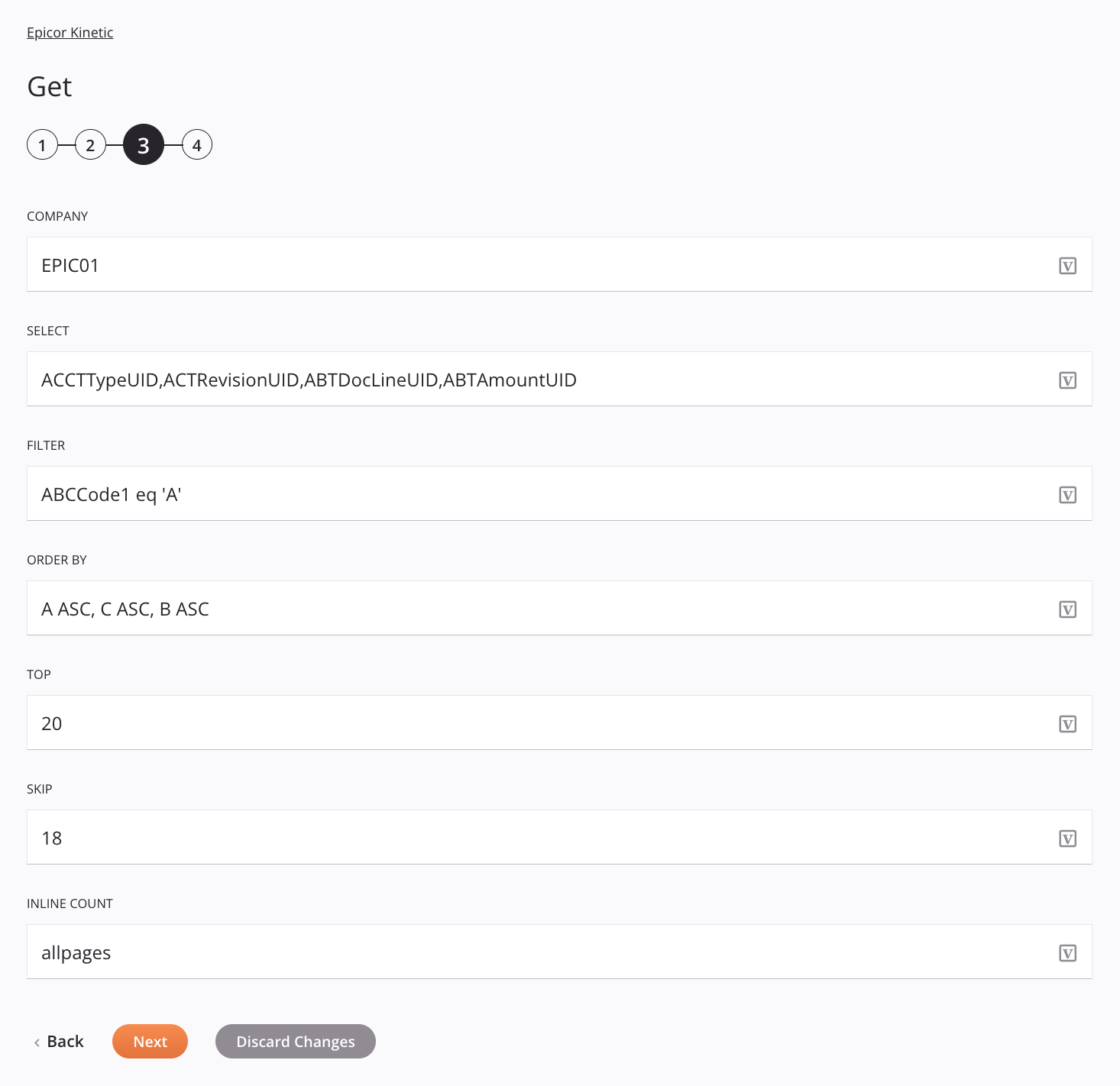 Epicor Kinetic Get activity configuration step 3