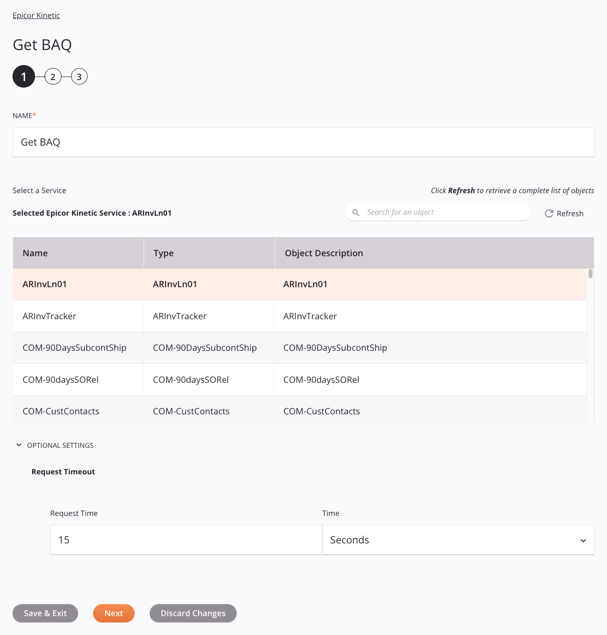 Paso 1 de la configuración de la actividad Get Baq de Epicor Kinetic