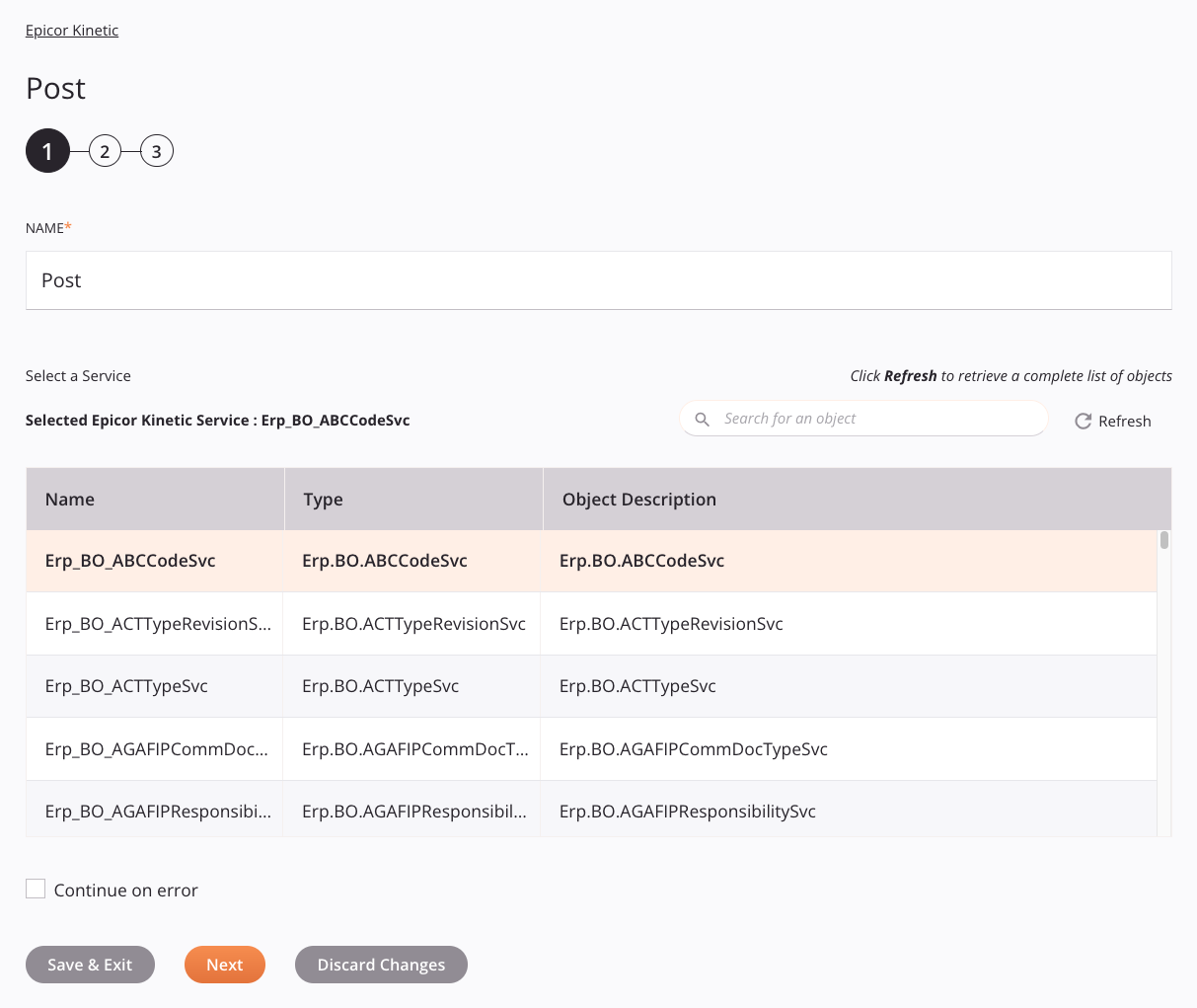 Etapa 1 da configuração da atividade Epicor Kinetic Post