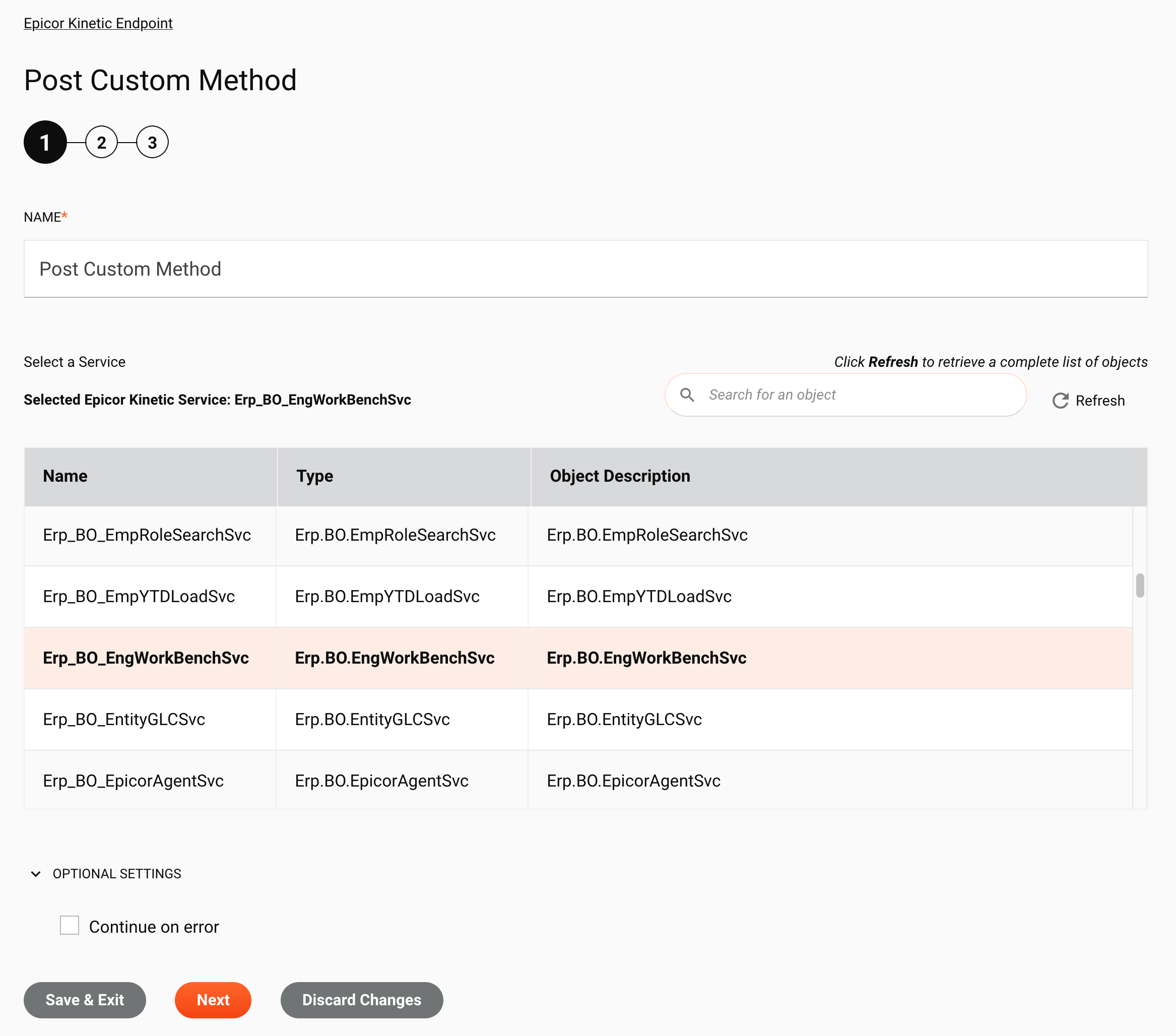 Etapa 1 da configuração da atividade do método personalizado Epicor Kinetic Post