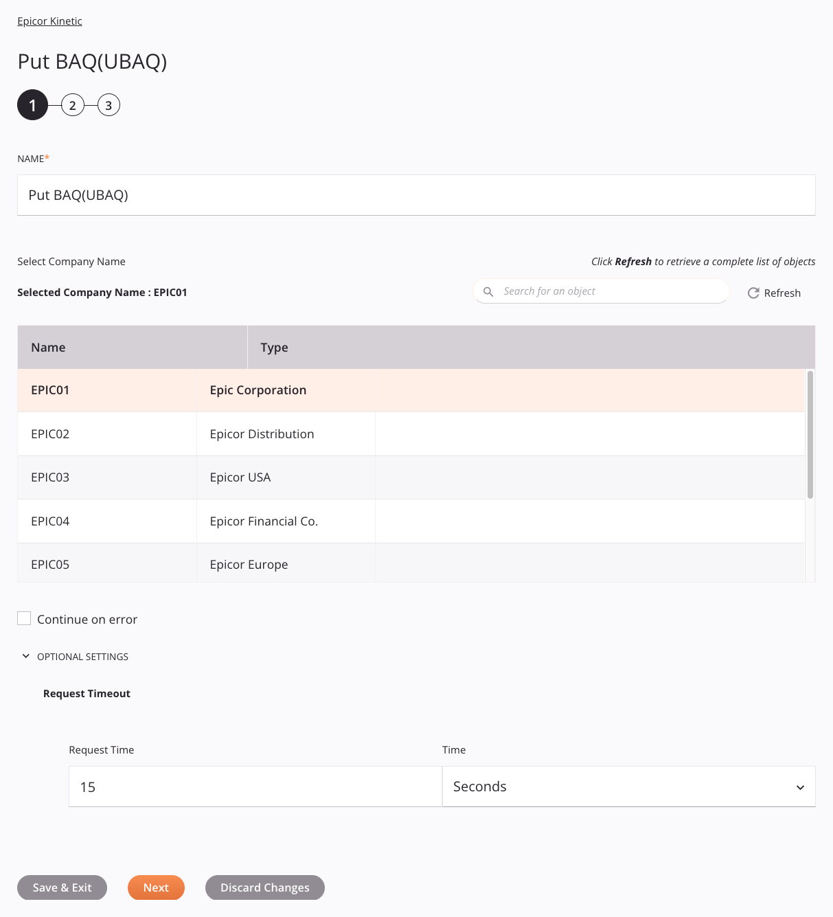 Paso 1 de configuración de la actividad Epicor Kinetic Put BAQ (UBAQ)