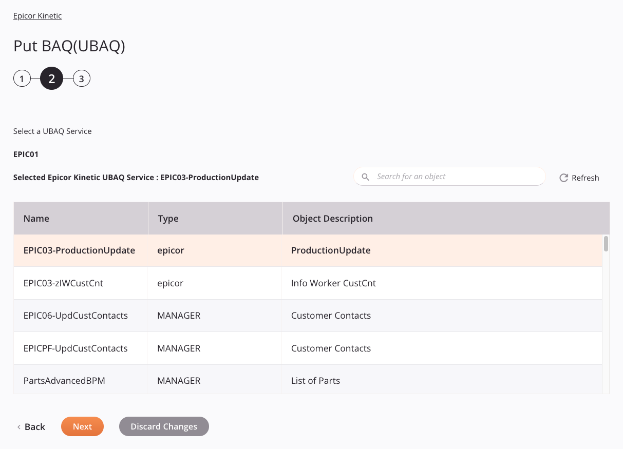 Etapa 2 da configuração da atividade Epicor Kinetic Put BAQ (UBAQ)