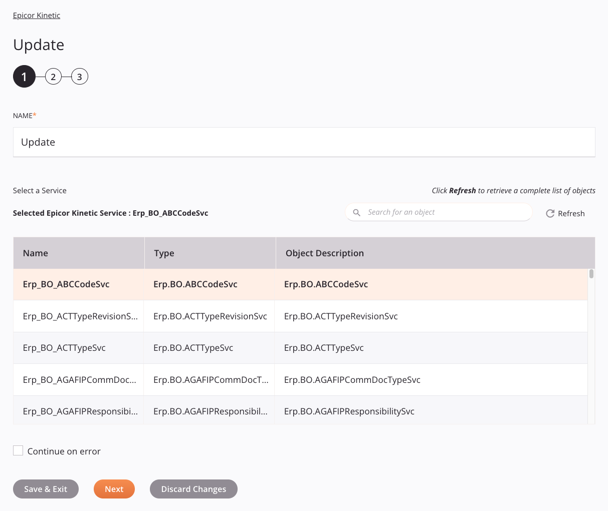 Epicor Kinetic Update activity configuration step 1